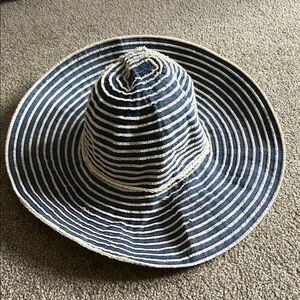 Woman’s Denim Blue Striped Beach Hat with braided cord trim